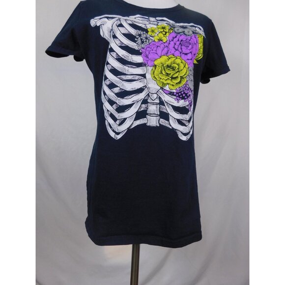Michaels Shirt Womens Large Navy Graphic Skeleton Rib Cage Floral Goth Tee - Picture 3 of 10